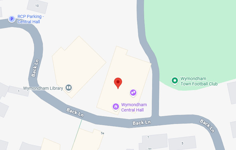 Map of location of Wymondham Central Hall, containing the Main Hall, Tiffey Room and Becket Room